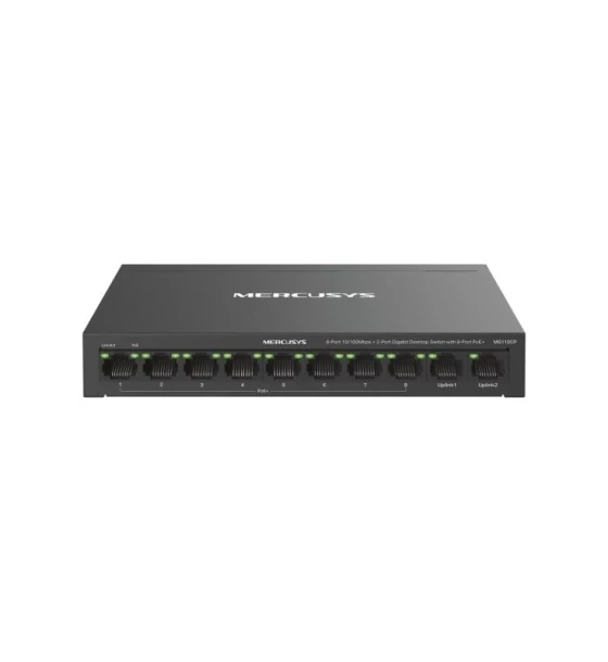 Switch desktop Mercusys 8-Port 10 Mbps + 2-Port Gigabit Desktop Switch with 8-Port PoE+, IEEE 802.3x Flow Control, 5.6 Gbps, dimensiuni 6.7 x 3.9 x 1.1 in 171 x 98 x 27 mm