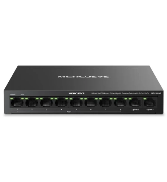 Switch desktop Mercusys 8-Port 10 Mbps + 2-Port Gigabit Desktop Switch with 8-Port PoE+, IEEE 802.3x Flow Control, 5.6 Gbps, dimensiuni 6.7 x 3.9 x 1.1 in 171 x 98 x 27 mm
