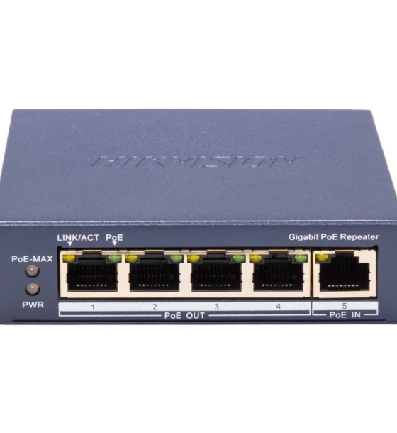 Switch retea Repetor PoE Hikvision DS-3E0505P-E R 5 10 Mbps PoE RJ45 port, 4 porturi PoE maxim 30W, buget PoE 60W, dimensiuni 105.00 mm 27.6 mm 83.1 mm, greutate 0.25kg, montare pe birou sau
