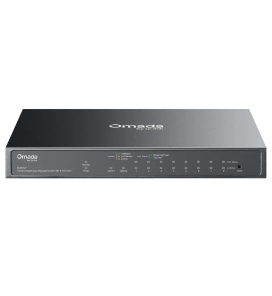 Switch retea Tp Link Omada ES210GP 10-Port Gigabit Easy Managed Switch cu 8-Port PoE+, 8 10 Mbps PoE+ RJ45 Ports support 802.3af PoE and 802.3at PoE+, 1 10 Mbps RJ45 Port, 1 Gigabit SFP RJ45