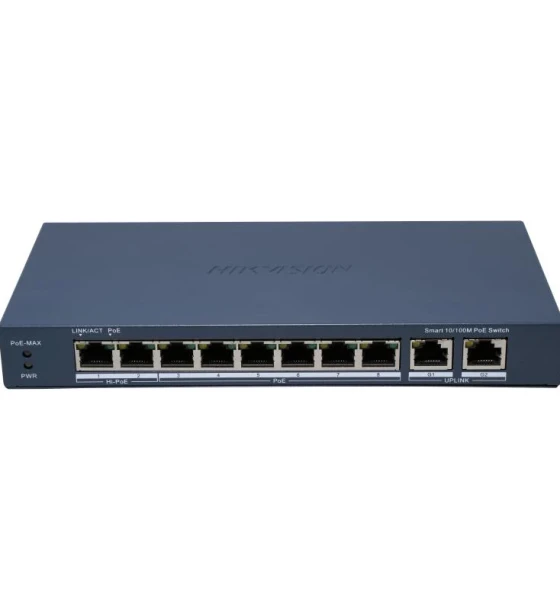 Switch PoE Hikvision DS-3E1310HP-EI B 8 x 10/100M PoE Ports, 2 x Gigabit Uplink Ports, 8 porturi PoE maxim 90W, buget PoE 110W, tensiune alimentare 54 VDC, 2.22 A