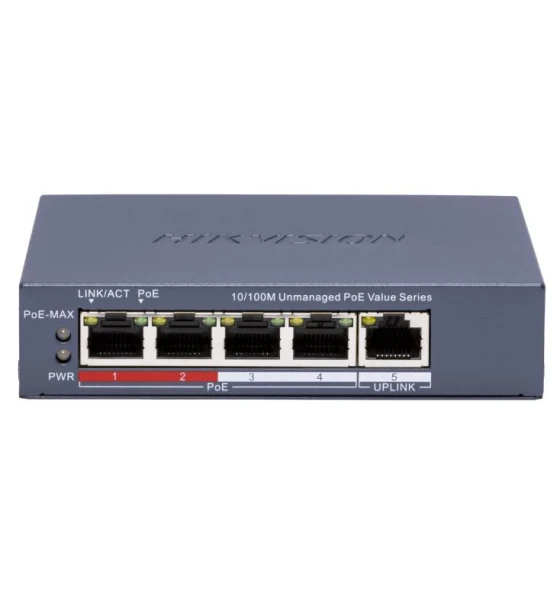 Switch POE 4 porturi Hikvision DS-3E0105P-E/M, fara management 4 x 10 Mbps PoE port, 1 x 10 Mbps RJ45 port, IEEE 802.3af, IEEE 802.3at, PoE power budget 45W, distanta transmisie 300m