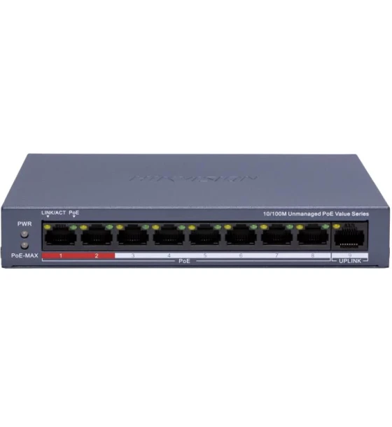 Switch POE 8 porturi Hikvision DS-3E0109P-E/M, fara management 8 x 10 Mbps PoE port, 1 x 10 Mbps RJ45 port, IEEE 802.3af IEEE 802.3at, PoE power budget 80W, distanta transmisie 300m