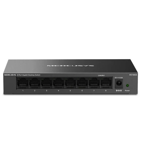 Mercusys MS108GS. Switch type Unmanaged. Basic switching RJ-45 Ethernet ports type Gigabit Ethernet 10/100, Basic switching RJ-45 Ethernet ports quantity 8. Full duplex. MAC address