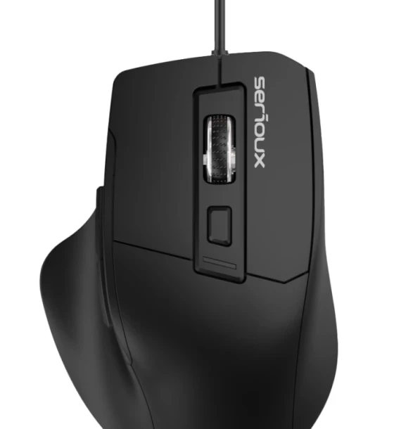 Mouse optic cu fir Serious USB 6D, Culoare neagra, Design ERGO Complet negru cu capac superior din cauciuc, 6 butoane DPI 1200-1800-2400-3600DPI, Cablu PVC negru de 1, 5 m