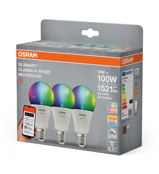Sursa LED inteligenta 3 Becuri LED RGB inteligente Osram SMART+ Matter over WiFi Classic Multicolour A, E27, 14W 100W, 1521 lm, lumina alba si color 2700-6500K