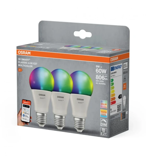 Sursa LED inteligenta 3 Becuri LED RGB inteligente Osram SMART+ Matter over WiFi Classic Multicolour A, E27, 9W 60W, 806 lm, lumina alba si color 2700-6500K