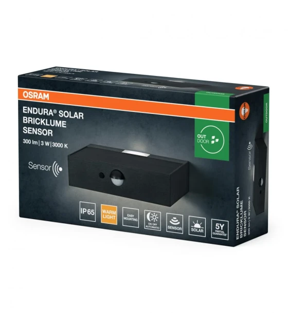 Aplica LED solara cu senzor de miscare si lumina Osram ENDURA Solar Bricklume Sensor, 3W, 300 lm, lumina calda 3000K, PIR, IP65, baterie Litiu-Ion 18650, Gri inchis