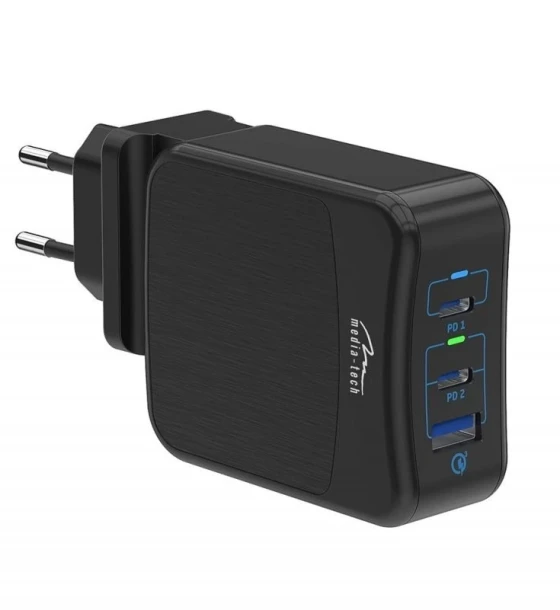 Incarcator universal, Media-Tech, 65 W, 2xUSB-C/USB 3.0, Plastic, 120x60x27 mm, Negru
