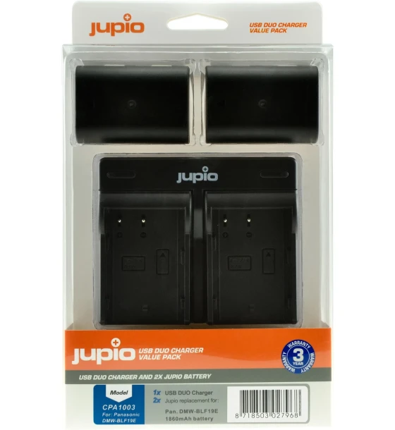 Kit Jupio, 2 Acumulatori DMW-BLF19E, 1860 mAh, si Incarcator cu doua Baze si Port USB, Negru