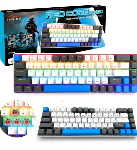 Tastatura mecanica Media-Tech RED CORE MX60, 60%, iluminare RGB, compacta, alb-gri-albastru