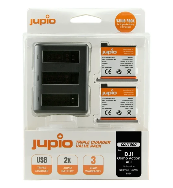 Kit 2 Acumulatori + Incarcator Triplu Jupio, Compatibil DJI Osmo Action AB1, Negru