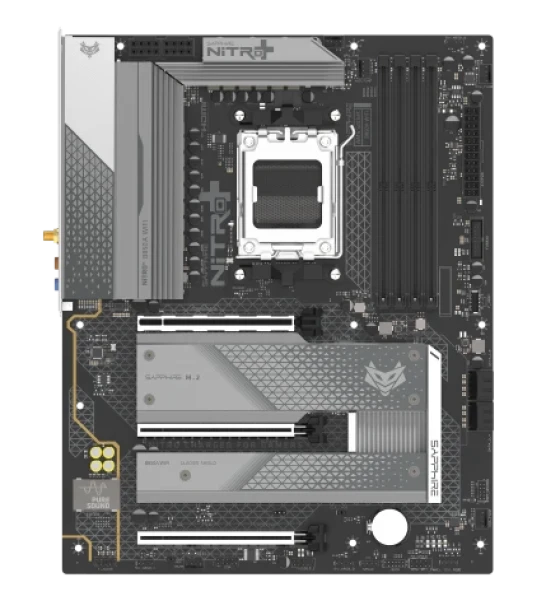 Placa de baza Sapphire NITRO+ B850A WIFI 7. Processor manufacturer AMD, Processor socket AM5, Compatible processor series AMD Ryzen 7000 Series, AMD Ryzen 8000 Series