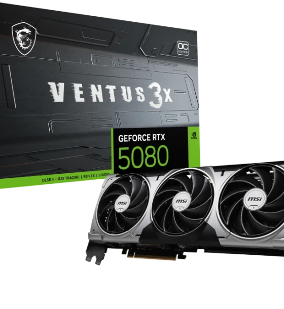 Placa video MSI VENTUS GeForce RTX5080 16G 3X OC. processor family NVIDIA, processor GeForce RTX 5080. Discrete card memory 16 GB, card memory type GDDR7