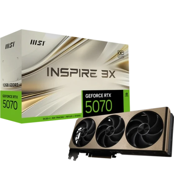 Placa video MSI GeForce RTX 5070 12G INSPIRE 3X OC. processor family NVIDIA, processor GeForce RTX 5070. Discrete card memory 12 GB, card memory type GDDR7