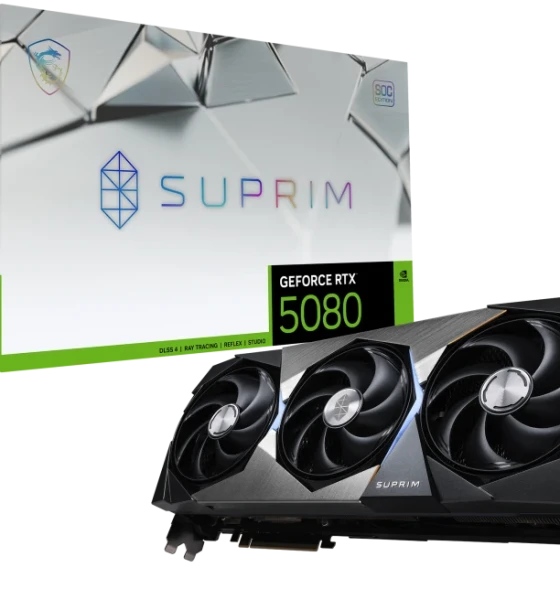 Placa video MSI SUPRIM GeForce RTX5080 16G SOC. processor family NVIDIA, processor GeForce RTX 5080. Discrete card memory 16 GB, card memory type GDDR7