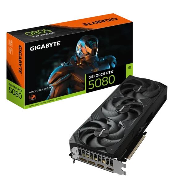 Placa video GIGABYTE GeForce RTX 5080 WINDFORCE SFF 16G. processor family NVIDIA, processor GeForce RTX 5080, Processor frequency 2617 MHz. Discrete card memory 16 GB, card memory type GDDR7