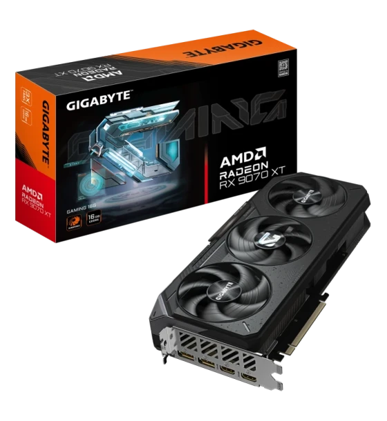 Placa video GIGABYTE Radeon RX 9070 XT GAMING 16G. processor family AMD, processor Radeon RX 9070 XT. Discrete card memory 16 GB, card memory type GDDR6, Memory bus 256 bit