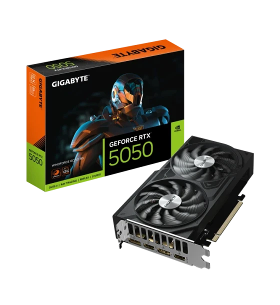 Placa video GIGABYTE GeForce RTX 5050 WINDFORCE OC V2 8G. processor family NVIDIA, processor GeForce RTX 5050, Processor frequency 2587 MHz. Discrete card memory 8 GB, card memory type GDDR6