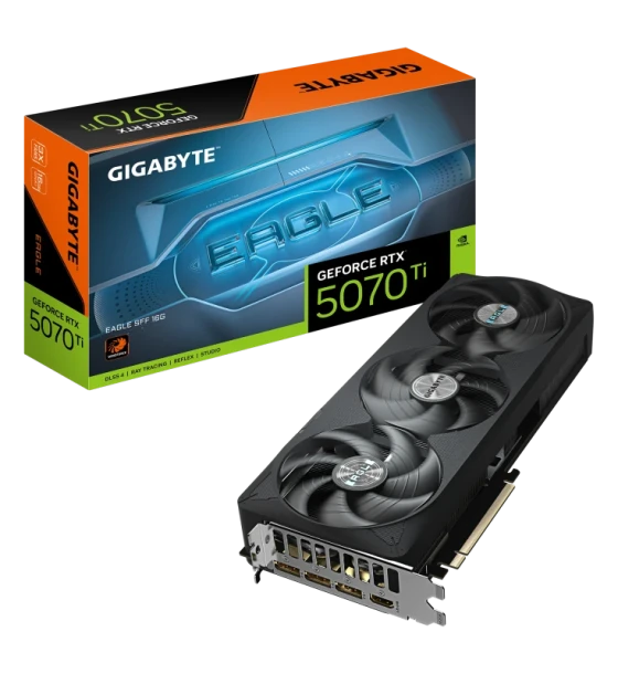 Placa video GIGABYTE GeForce RTX 5070 Ti EAGLE SFF 16G. processor family NVIDIA, processor GeForce RTX 5070 Ti, Processor frequency 2452 MHz. Discrete card memory 16 GB, card memory type GDDR7
