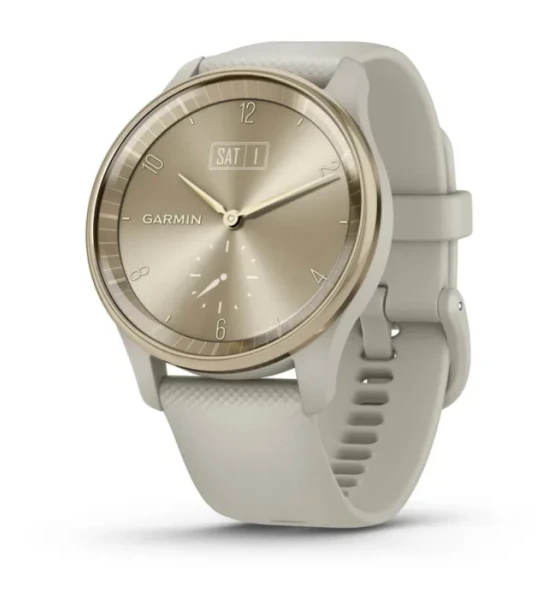 Smartwatch Garmin vivomove Trend. Display technology LCD, Display 254 x 346 pixels, Touchscreen. GPS satellite . Weight 28.3 g. Waterproof up to 50 m, Band material Silicone, Band colour Grey
