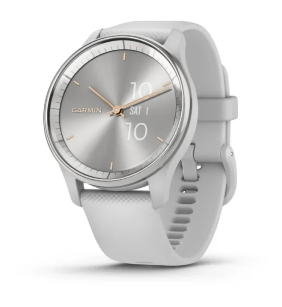 Smartwatch Garmin vivomove Trend. Display technology LCD, Display 254 x 346 pixels, Touchscreen. GPS satellite . Weight 28.3 g. Waterproof up to 50 m, Band material Silicone, Band colour Grey