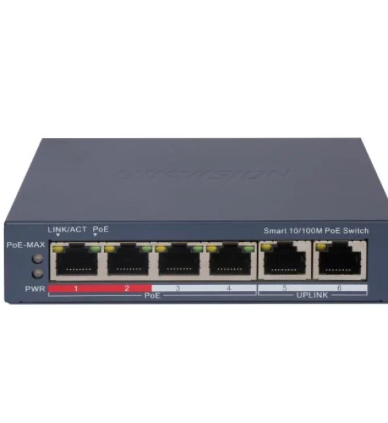 Switch PoE Hikvision DS-3E1106P-EI 4 x 10 Mbps PoE port, 2 x 10 Mbps RJ45 port, 4 porturi PoE maxim 30W, buget PoE 60W, tensiune alimentare 65 W, dimensiuni 121.1 mm x 27.6 mm x 83.1 mm