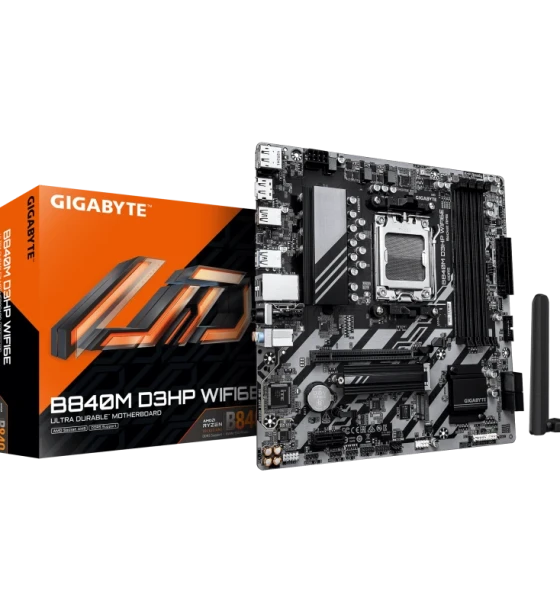 GIGABYTE B840M D3HP WIFI6E. Processor manufacturer AMD, Processor socket AM5, Compatible processor series AMD Ryzen 7000 Series, AMD Ryzen 8000 Series