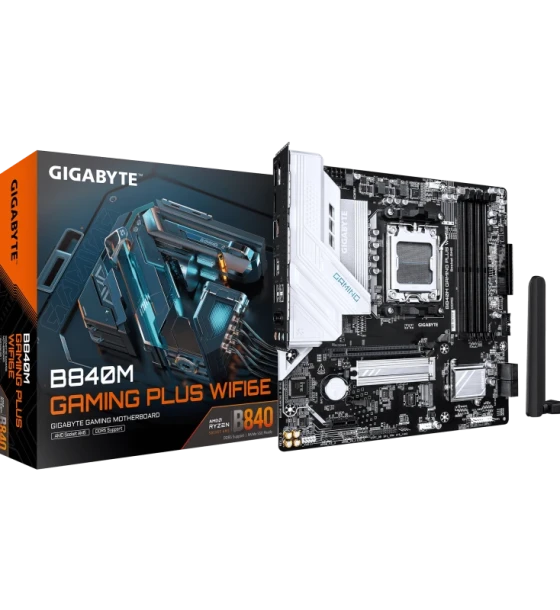 GIGABYTE B840M GAMING PLUS WIFI6E. Processor manufacturer AMD, Processor socket AM5, Compatible processor series AMD Ryzen 7000 Series, AMD Ryzen 8000 Series