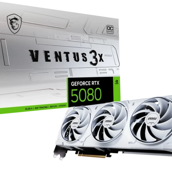 MSI VENTUS GEFORCE RTX 5080 16G 3X OC WHITE. processor family NVIDIA, processor GeForce RTX 5080. Discrete card memory 16 GB, card memory type GDDR7