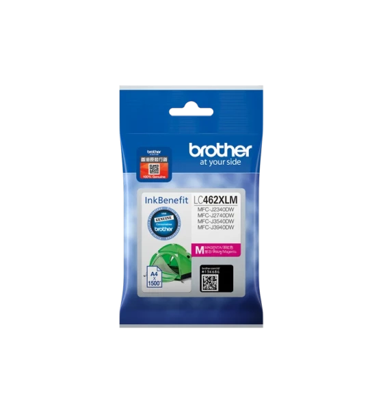 Brother LC462XLM. Cartridge capacity High XL Yield, Supply type Single pack, Colour ink page yield 1500 pages, Printing colours Magenta, Quantity per pack 1 pc s