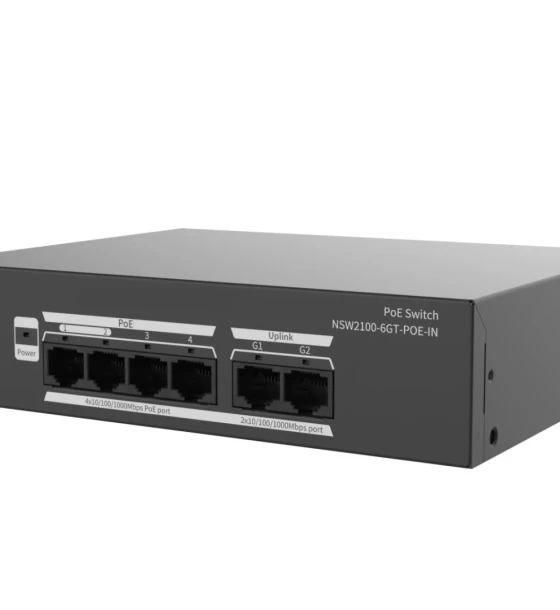 Switch Uniview NSW2100-6GT-POE-IN Porturi 4x 10/100/1000Mbps PoE port RJ45 + 2 x 10/100/1000Mbps port RJ45 Maxim 30 W per port, Buget 65 W Performanta Switching capacity 12 Gbps