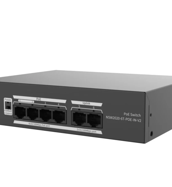 Switch Uniview NSW2020-6T-POE-IN-V2 Porturi 6x100Mbps network ports RJ45, including 4 PoE ports Maxim 30 W per port, Buget 65 W Performanta Switching capacity 1.2 Gbps