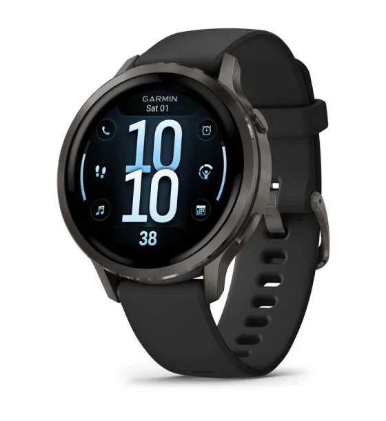 Garmin Venu 4. Display diagonal 3.05 cm 1.2 inch, Display technology AMOLED, Display 390 x 390 pixels, Touchscreen. Flash memory 8 GB. Wi-Fi. GPS satellite . Weight 33 g. Band material
