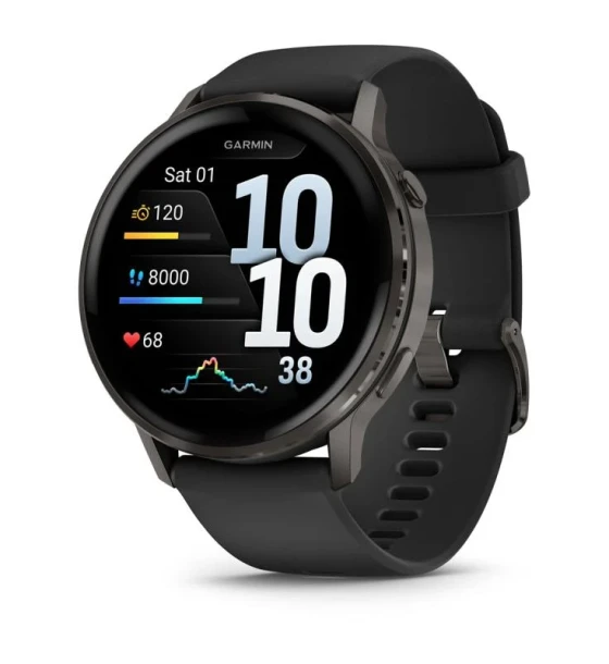Garmin Venu 4. Display diagonal 3.56 cm 1.4 inch, Display technology AMOLED, Display 454 x 454 pixels, Touchscreen. Flash memory 8 GB. Wi-Fi. GPS satellite . Weight 38 g. Band material