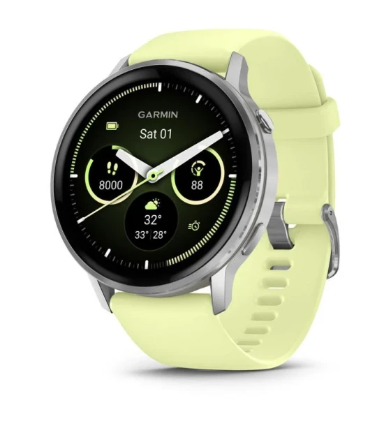 Garmin Venu 010-03014-02. Display diagonal 3.56 cm 1.4 inch, Display technology AMOLED, Display 454 x 454 pixels, Touchscreen. Flash memory 8 GB. Wi-Fi. GPS satellite . Weight 38 g. Band