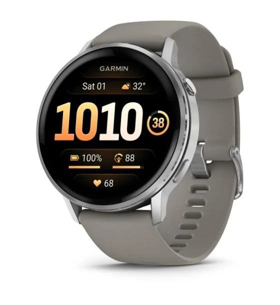 Garmin Venu 4. Display diagonal 3.56 cm 1.4 inch, Display technology AMOLED, Display 454 x 454 pixels, Touchscreen. Flash memory 8 GB. Wi-Fi. GPS satellite . Weight 38 g. Band material