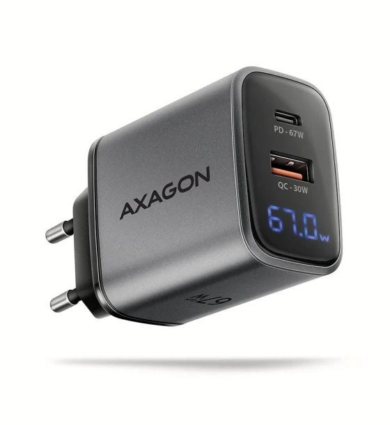 Incarcator ACU-PQ67D, Gan, 67W, USB-C, USB-A, cu display LCD, gri