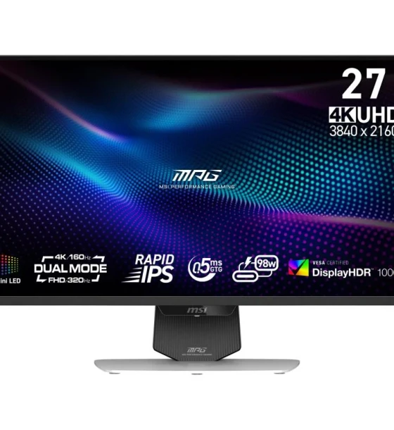 MSI MPG 274URDFW E16M. Display diagonal 68.6 cm 27 inch, Display 3840 x 2160 pixels, HD type 4K Ultra HD, Display technology LED, 0.5 ms, Native 16:9, Viewing angle