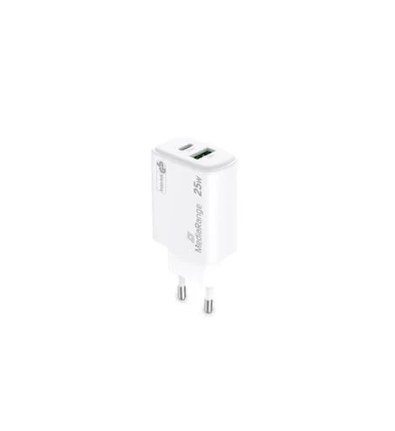 Accesoriu telefoane MediaRange 25W GaN Fast Charging Adapter EU-Plug, 1x USB-C and 1x USB-A, USB-C Power Delivery and Quick Charge enabled, White