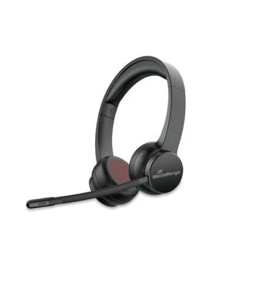 Casca MediaRange Wireless ENC Stereo Headset with rotatable microphone arm, Function Buttons, Rechargeable 400mAh Battery, 2-Device Pairing BT Ver. 5.2, Black