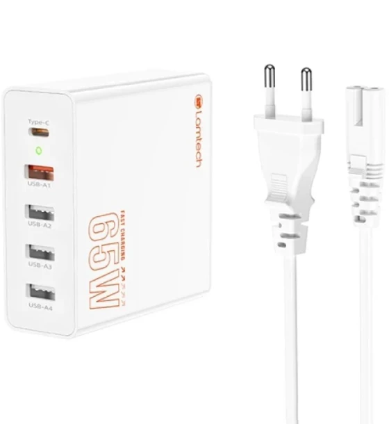 Incarcator retea Lamtech GaN Fast Charge PD 65W 1xUSB Type-C 4xUSB QC3.0 Alb