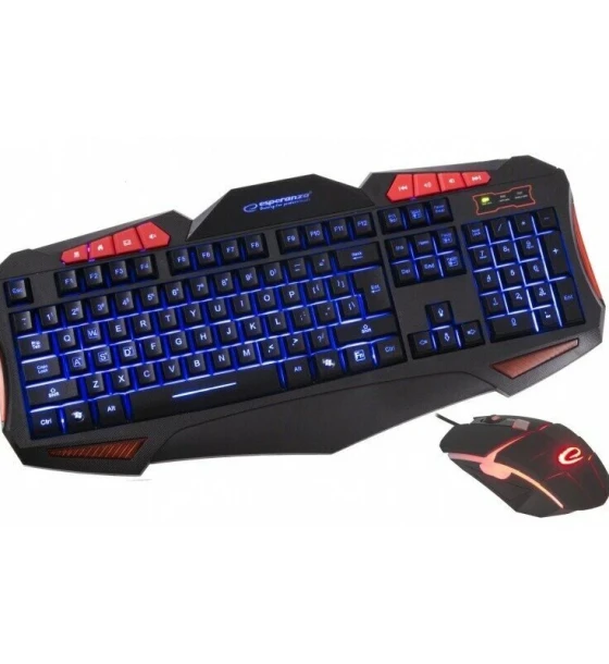 Tastatura Kit tastatura si mouse gaming multimedia Esperanza Shelter EGK300 iluminata 1.5m USB Negru/Albastru