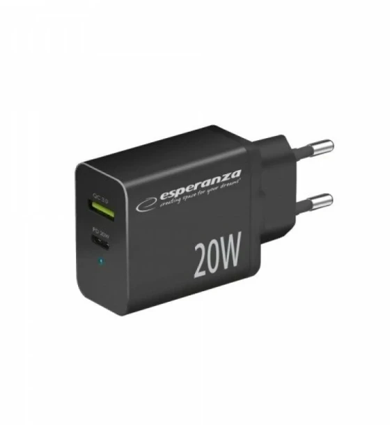 Incarcator de retea Esperanza EZC105K 20W Usb-C PD 20W/Usb-A QC 3.0 Negru