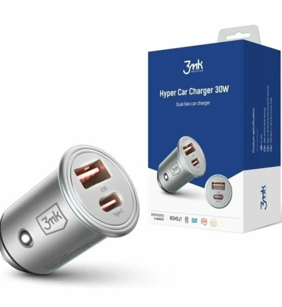 Incarcator Auto 3mk HyperCharger Quick Charge 30W 1 X USB - 1 X USB Type-C Argintiu