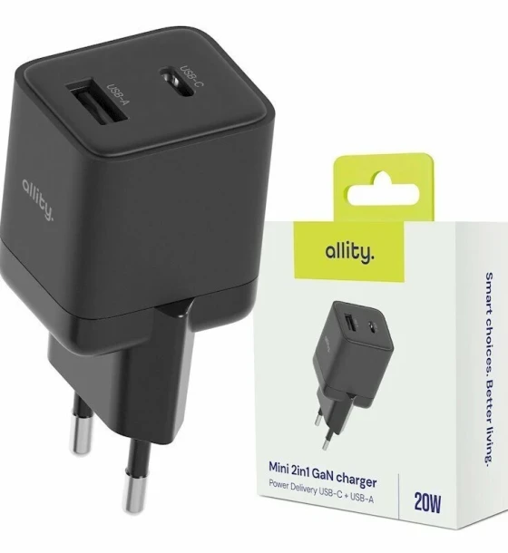 Incarcator Retea Allity ATC-01-20WAC GaN PD QC 1x USB-C 1x USB-A 20W Negru