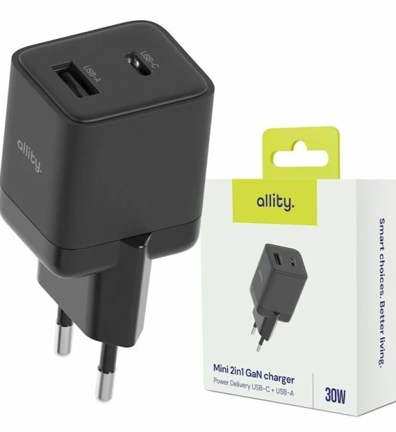 Incarcator Retea Allity ATC-01-30WAC GaN PD QC 1x USB-C 1x USB-A 30W Negru