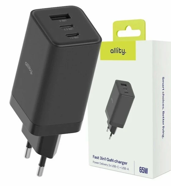 Incarcator Retea Allity ATC-01-65WACC GaN PD QC 2x USB-C 1x USB-A 65W Negru