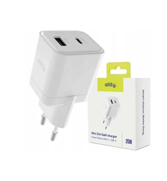 Incarcator Retea Allity ATC-01-20WAC GaN PD QC 1x USB-C 1x USB-A 20W Alb