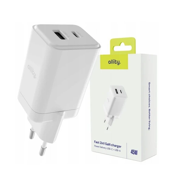 Incarcator Retea Allity ATC-01-45WAC GaN PD QC 1x USB-C 1x USB-A 45W Alb